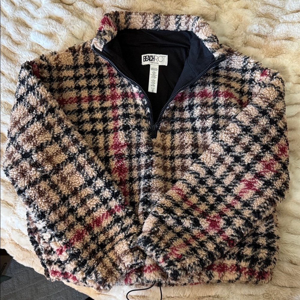 Beach Riot Plaid Sherpa Quarter-Zip Jacket in Beige, Black & Red Accents